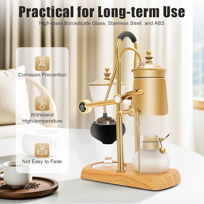 Belgian Balance Siphon Coffee Maker, Vintage Syphon Coffee Machines Vacuum Brewing System, Gold Royal Family Coffee Makers with handle for Home, Café shop (400ml/13.53oz) (Gold)