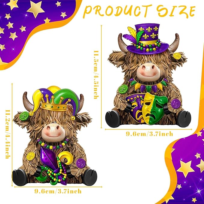 Burbell 2 Pack Mardi Gras Highland Cow Resin Figurine Mardi Gras Bathroom Highland Cow Gnomes with Mask Starfish Resin Statue for Garden Table Shelf Home Decor Calf Gnome Herd Gifts
