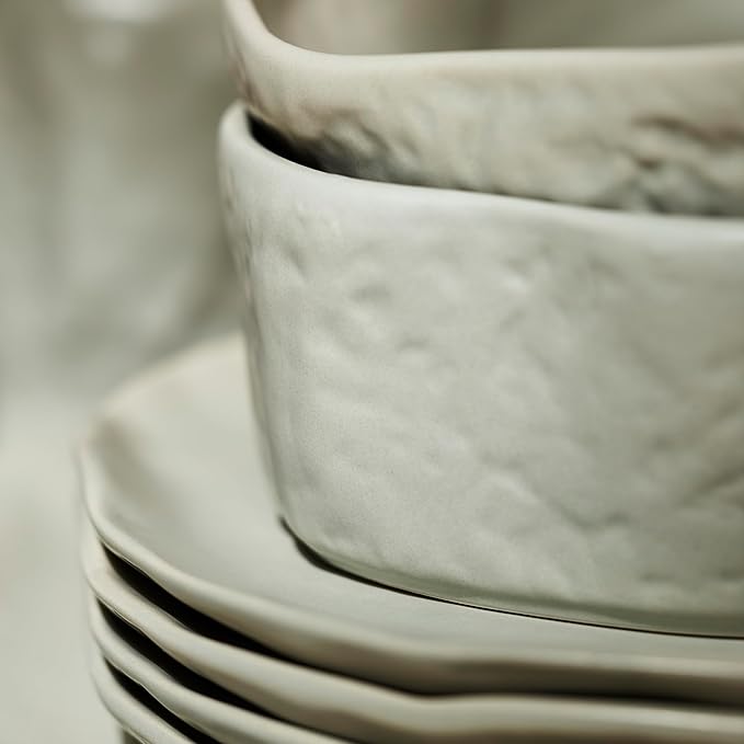 Stone by Mercer Project Atik Modern Stoneware 32-Piece Dinnerware Set, Plate and Bowl Set, Dish set for 8, Sage-Grey