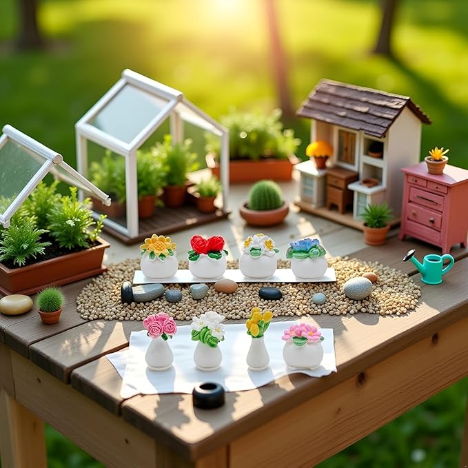 8-Piece Mini Artificial Flowers and Plants – Tiny Dollhouse Greenery Set with Roses, Tulips, Sunflowers & Lilies, Fake Bonsai Ornaments for Crafts, DIY Decorations, Home & Fairy Garden Display