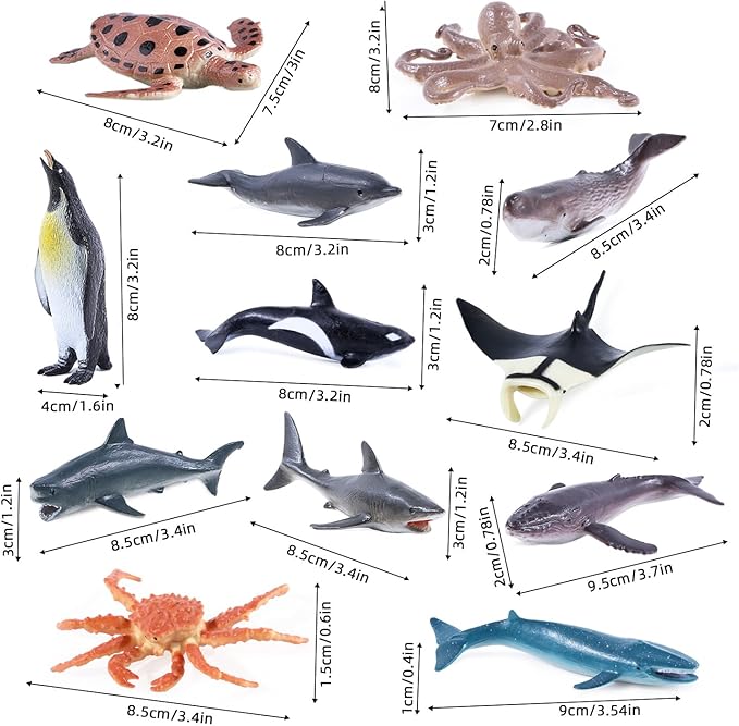 12Pack Sea Animal Figures Cake Topper, Assorted Ocean Creature Realistic Shark Whale Octopus Turtle Crab Manta Penguin Figurine for Kids Education Birthday Decorations Party Favors