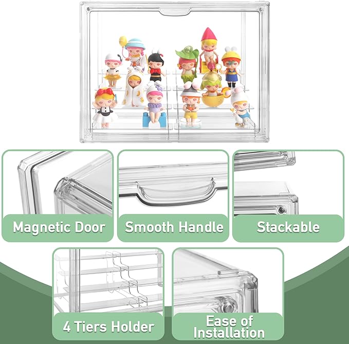 Clear Acrylic Display Case, 4 Tier Acrylic Blind Box for Figures, Dustproof Storage Organizer with Magnetic Door for Action Figures, Stackable Collectibiles Showcase for Doll Toy Car Model