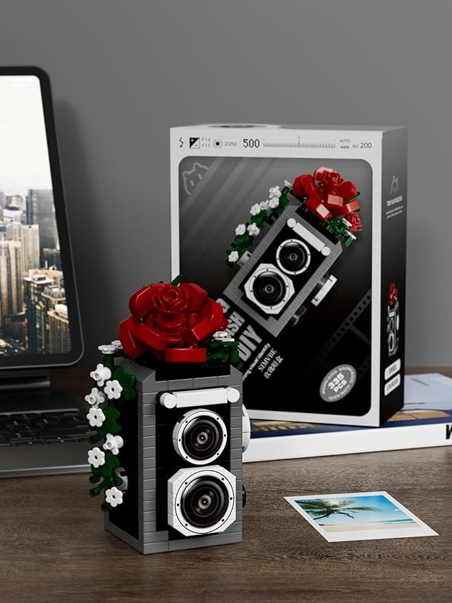 Red Rose Classic Cute Flower Camera Series Mini Building Toy Bricks Micro Blocks Kit Miniature Toys Ideal for Home Decor Desktop