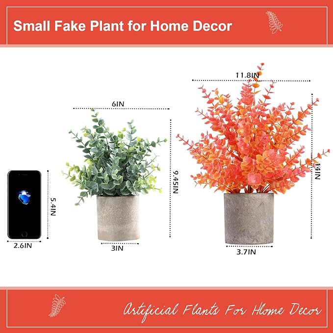 Coferset 2 Pack Fall Small Fake Plants 14" Eucalyptus Potted Artificial Plants Fall Decorations for Home Shelf Office Bathroom Desk Farmhouse Room Coffee Table Decor Fall Decor (Fall Orange-Large)