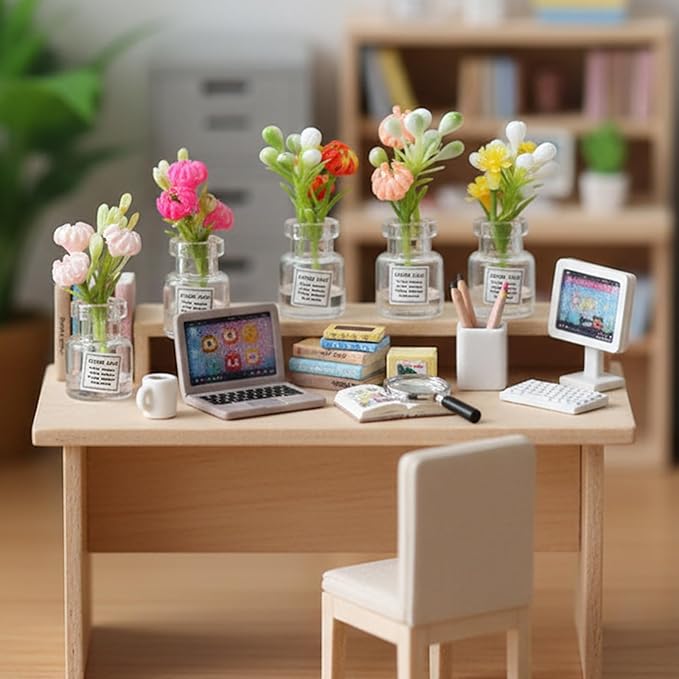 10 Pcs Miniature Dollhouse Plant Flowers, Small Glow in The Dark Glass Dollhouse Flowers, 1:12 Dollhouses Mini Vase with Flower, Faux Flower Model Dollhouses Decoration for Tiny Houses