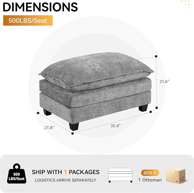 35‘’ Modern Chenille Cloud Sofa Ottoman,Rectangle Ottoman for Modular Sectional Sofa, Grey