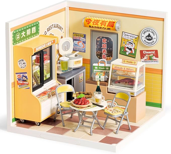 Rolife Super Creator DIY Miniature Plastic House Building Set Playset with LED, Suitable for Mini Figures Construction Toys Diorama Kit Gifts for Teens Adults (Night Out Food Stall)