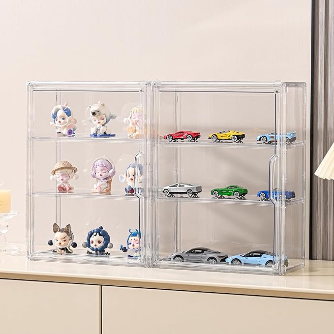 2 Pack Clear Display Case for Figures, Wall-Mounted Acrylic Storage Organizer Box, Stackable Display Cabinet with Magnetic Door & Removable Shelves, Showcase for Collectibles, Anime Figures