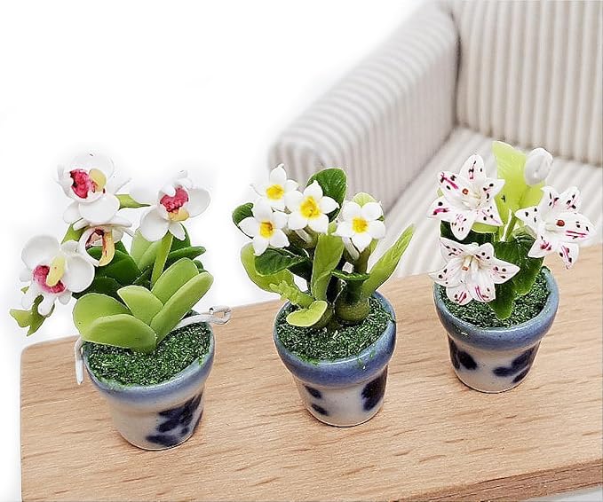 WitnyStore Tiny 1½" High 3 Pieces Set Lily Orchid Plumeria Hand Made Artificial Flowers Realistic Colorful Miniature Modelling Clay Flower Pots Brilliant Variety of House Plant Species Home Decoration