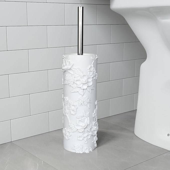 Indecor Home White Floral Branches Design Resin Toilet Bowl Brush and Holder Set, Elegant Bathroom Cleaning Tool with Durable Bristles, Compact and Functional
