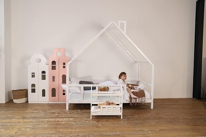 BUSY WOOD Wooden Doll Bed Pair to Toddler Bed Frame - Bedroom Furniture for Girl - Dolls Bed Pretend Play - Montessori Furniture - White Color Bed - Color Variation