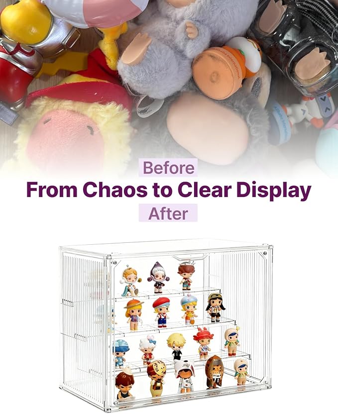 4-Tier Clear Acrylic Display Case for Funko Pop, Labubu, Disney Stitch, SKULLPANDA, Crybaby, DIMOO, Twinkle Twinkle, Sonny Angel, Tiny Tan, Barbie & Mini Collectibles, Dustproof Stackable Showcase