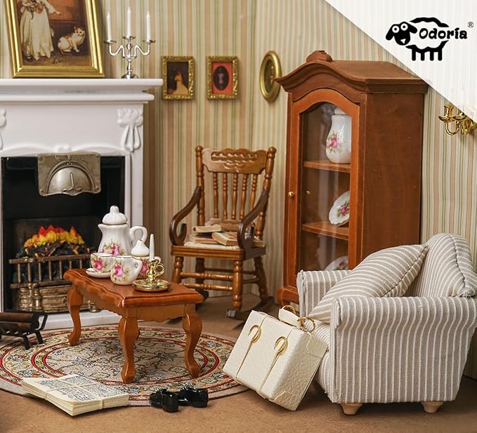 Odoria Dollhouse Couch Loveseat Miniature - 1/12 Scale Upholstered Sofa for Vintage Country Living Room - Mini Settee Chaise Lounge Wood Furniture Floral Red