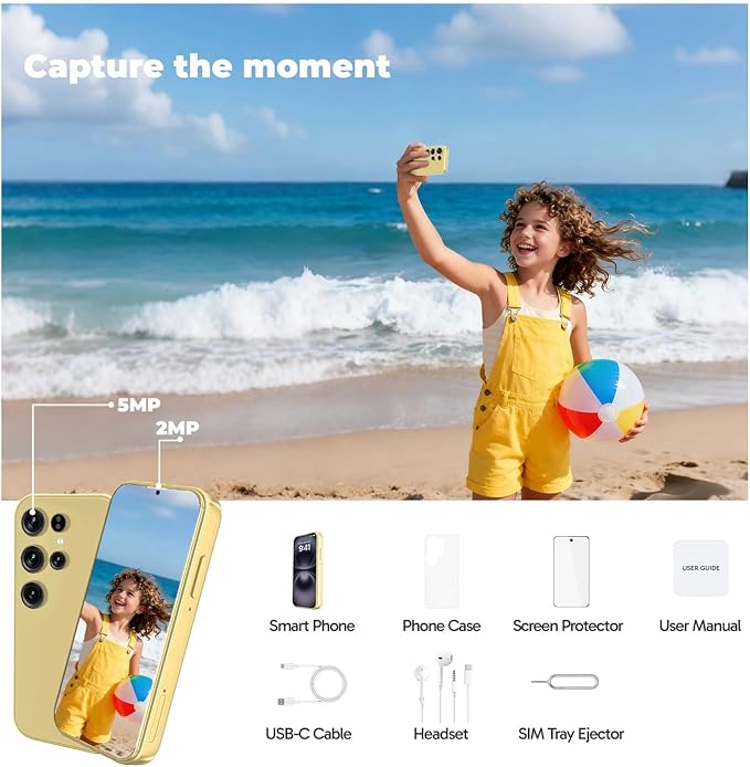 Mini Phone Unlocked Android Phone 4.0" HD Touch Screen Mini Smartphone Kids Smart Phone Dual SIM Quad Core Face ID Small Phone for Students & Children Pocket 3G RAM+ 64GB (Gold, 4.0)