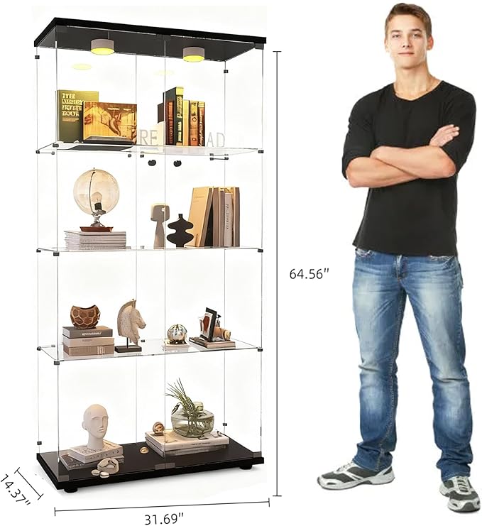 Glass Display Cabinet with Lights and Lock, 4-Tier Display Case Curio Cabinet with Glass Door, Floor Standing Showcase for Living Room Bedroom Home Office 31" W x 14.3" D x 64.5" H