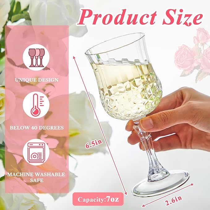 Pinkunn 24 Pcs 7 oz Plastic Vintage Wine Glasses Reusable Colored Goblets Patterned Drinking Water Glasses Cup Dishwasher Safe for Valentine's Day Wedding Reception Party Supplies (Transparent)