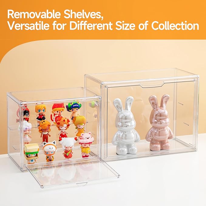 2 Pack Acrylic Display Cases for Collectibles, Clear Display Case for Figures, 3 Tier Display Shelf Boxes Miniature Display Case, Dustproof and Stackable Action Figure Display Cases (2, Large)