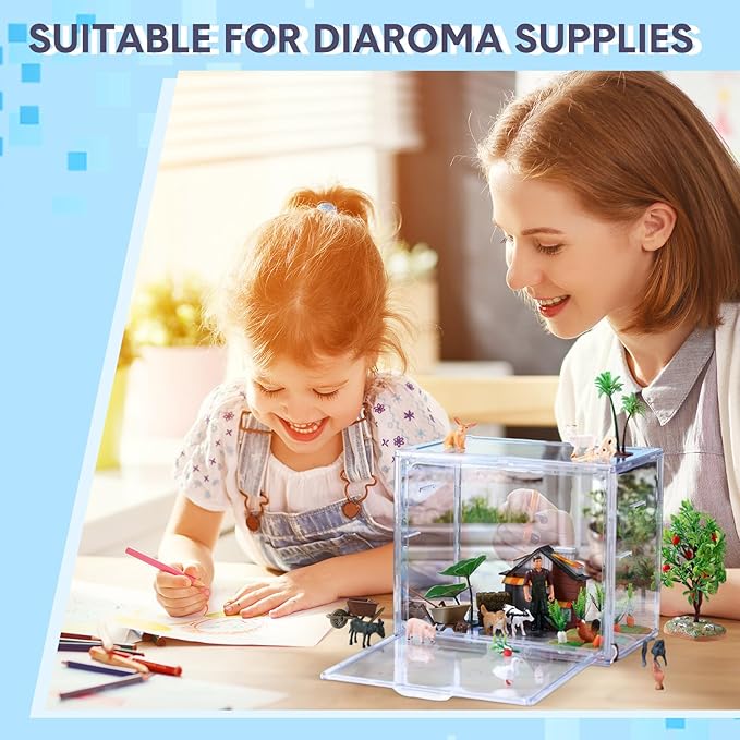 Leinuosen Diorama Kit Clear Display Case with Magnetic Attraction Lid Diorama Box Stackable Plastic Storage Bins for DIY Crafts Toys, Collectibles, Handbags and Figures, 10.63 x 7.09 x 8.66 Inch