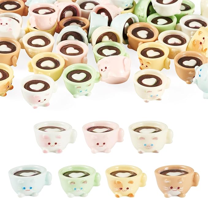 Cheriswelry 42Pcs Mini Coffee Cups Resin Cat Coffee Mug Miniature Ornaments Dollhouse Kitchen Set Imitation Food Drink Lovely Tableware Accessory 20.5x18.5mm for Play Party Desktop Decoration