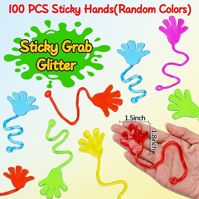 100PCS Glitter Sticky Hands Valentine Party Favors for Kids 4-8 8-12 Birthday Supplies Easter Egg Fillers Goodie Bag Stuffers Classroom Treasure Box Carnival Prizes Bulk Treat Trinkets Pinata Stuff