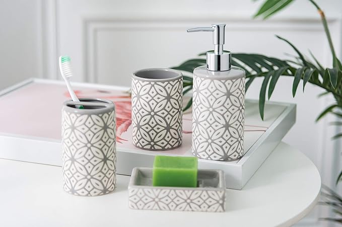 Wodlo - Groovy Bathroom Accessories Set - Complete Bath Accessory Sets Includes Soap Dispenser, Toothbrush Holder, Tumbler, Soap Dish,
