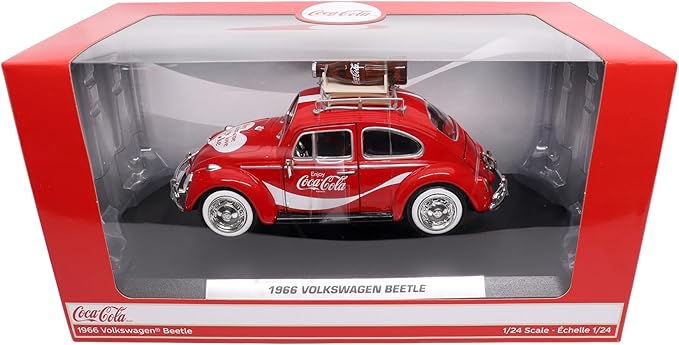 Motor city classics Coca-Cola Diecast Collectible | 1966 VW Beetle with Bottle on Top Rack | 1:24 Diecast Scale Model 424066 | Officially Licensed Coca-Cola Diecast