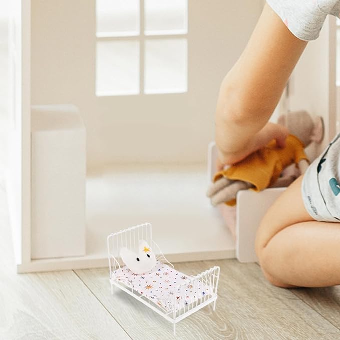 Star Pattern Dollhouse Bed 1:12 Scale, Metal Miniature Furniture with Pillow, Dollhouse Bedroom Accessory Set