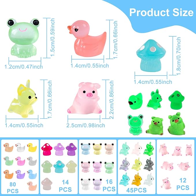 LIINWNIRS 167 Pcs Luminous Mini Resin Animals Kit Accessories Variety Pack Glow Animal Figurines Resin Mini Garden Decor for Garden Micro Landscape Aquarium Potted Dollhouse Decor
