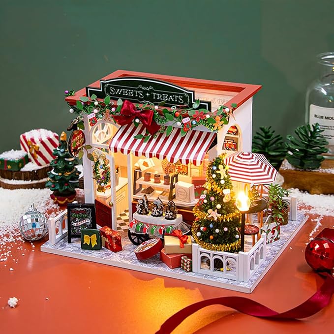 DIY Miniature House Kit for Adult and Teens, Christmas Candy House Building Kit for Family and Friends, Mini Wooden Dollhouse Kit for Halloween Christmas Birthday Gifts