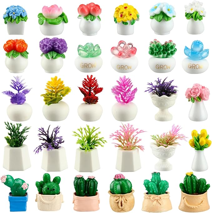 Threehoney 30 Pcs Miniature Dollhouse Plants Accessories Mini Artificial Potted Flower Tiny Resin Greenery Cactus Figurines for Doll House Gift DIY Garden Bonsai Micro Landscape Decoration(Succulents)