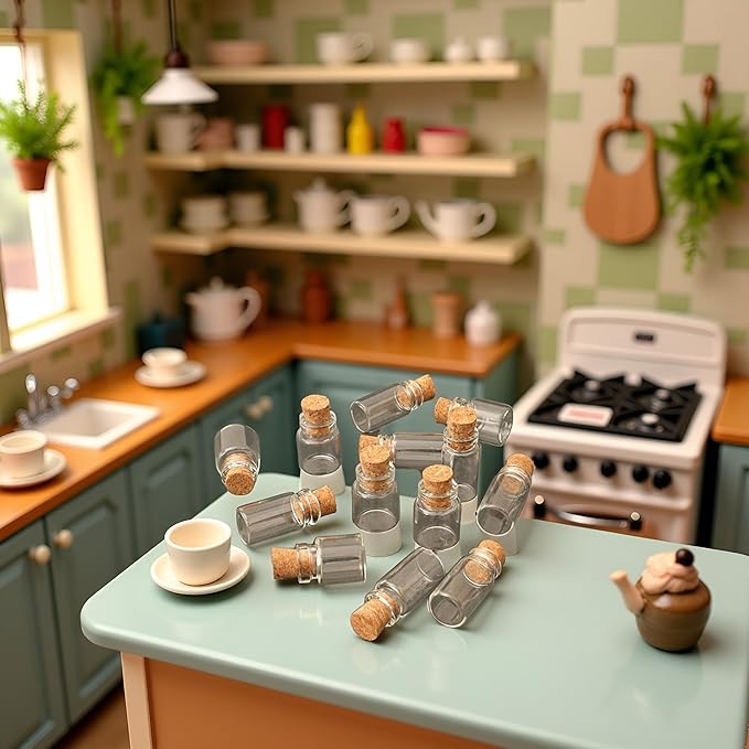 10Pcs Dollhouse Glass Jars Miniature: 1/12 Scale Glass Bottles Food Container - Mini Canister Empty with Cork, Dollhouse, Dollhouse Decor for Kitchen Restaurant DIY Accessories