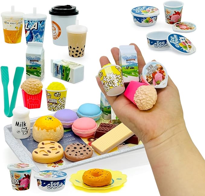 Pretend Play Kitchen Mini Foods Set for Kids Hamburger Fries Noodles Drink with Tray Playset,Play House Kitchen Accessories Role Toys Birthday Gifts for Boys Girls 3 4 5 Yrs (29Pcs Dessert Drinks)