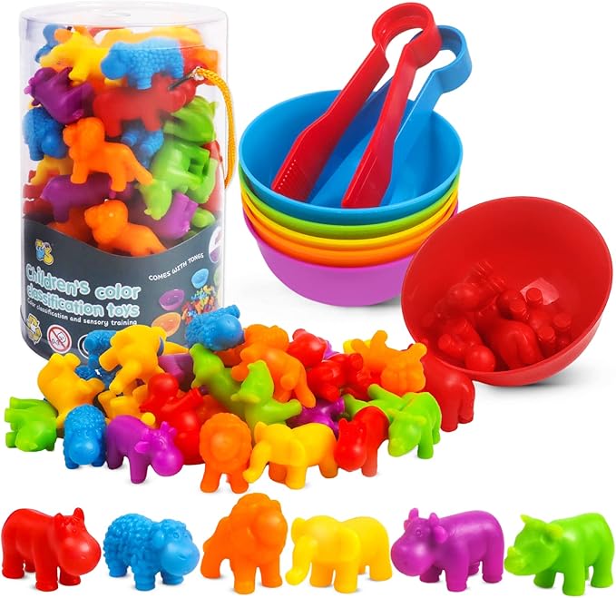 Counting Animals Toys Matching Game with Sorting Bowls Preschool Learning Activities Montessori Sensory Toy for Math Color Sorting, Party Favors Birthday New Year Gifts for Kids Toddlers