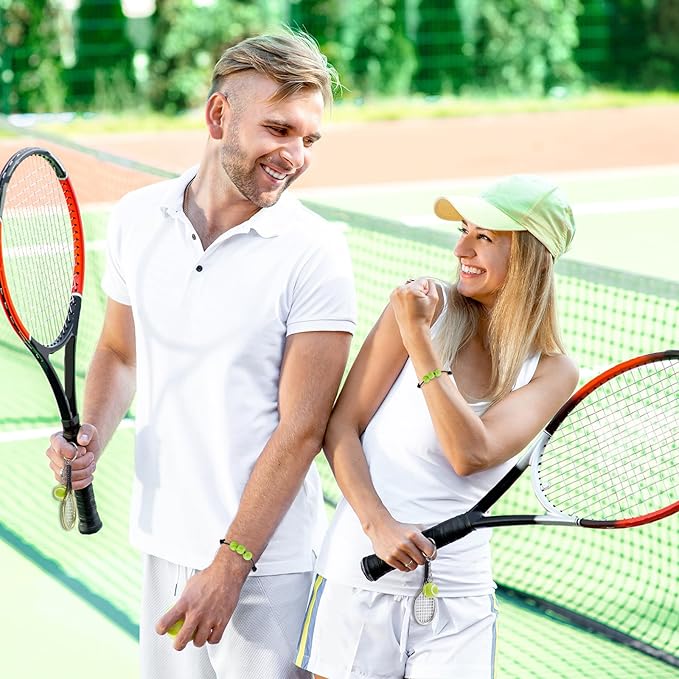 Henoyso 24 Pcs Tennis Gifts Tennis Party Favors 12 Pcs Mini Tennis Racket with Ball Keychain 12 Pcs Sport Theme Beads Charm Braclet Adjustable for Sport Gift Accessories
