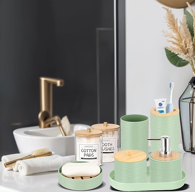 IMAVO Bathroom Accessory Set-11Pcs Green Bathroom Accessories Set with Trash Can,Soap Dispenser,Soap Dish,Toothbrush Holder,Toothbrush Cup,Toilet Brush Holder,Qtip Holder Dispenser with Labels