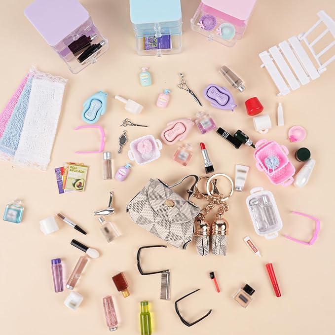 77 Pcs Miniature Dollhouse Accessories, Dollhouse Bathroom Accessories Set with Storage Cases Cosmetic Set Towel Shampoo Perfume Hair Dryer Comb Mask Soap Toiletries Set for Girl Micro Scene