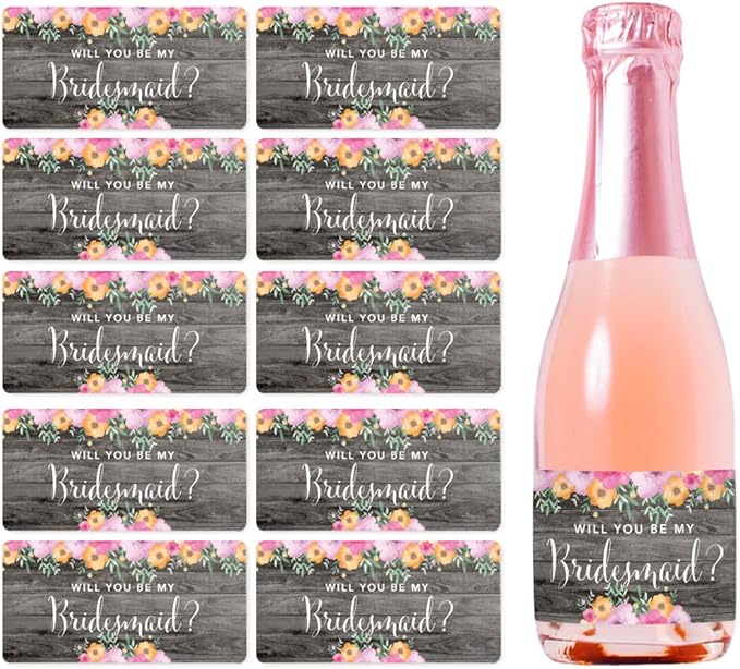 Andaz Press Mini Champagne Wine Bottle Proposal Labels, Will You Be My Bridesmaid? Matron Maid of Honor?, Rustic Gray Wood Floral Flowers, 20-Pack, Favor Gift Labels