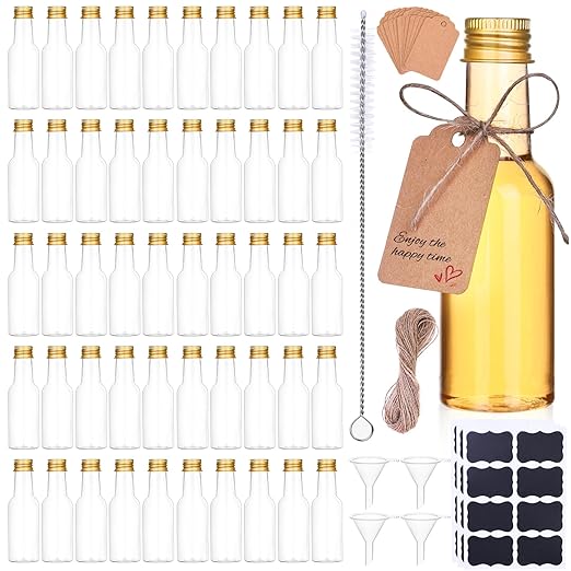 100 Pcs Mini Liquor Bottles, 1.7oz Shot Bottle with Caps 50ml Plastic Spirit Bottles, 4 Liquid Funnels, Kraft Tags, Brush and String, for Wedding, Baby Banquet, Party（Gold Cap）