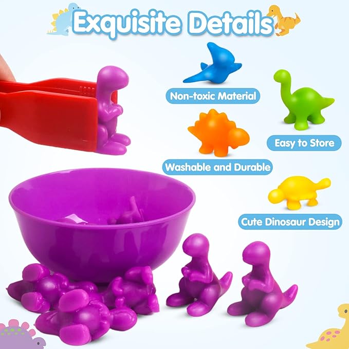Counting Dinosaurs Toys Matching Game with Sorting Bowls Preschool Learning Activities Montessori Sensory Toys for Math Color Sorting, Party Favors Birthday New Year Gifts for Toddlers