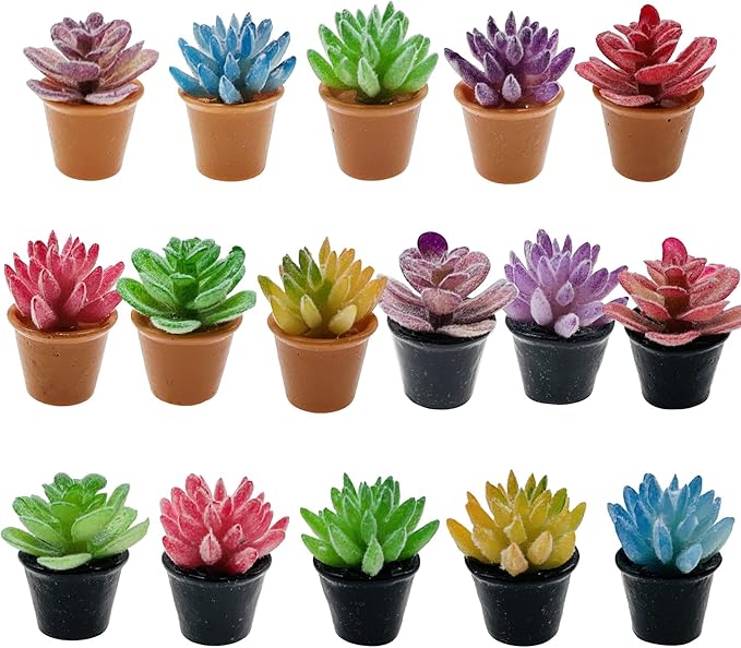 Cayway Dollhouse Plant Miniature 16 PCS Artificial Plant Tiny Bonsai Model Mini Flowerpot Fake Succulent Doll House for Garden Dollhouse Decorations