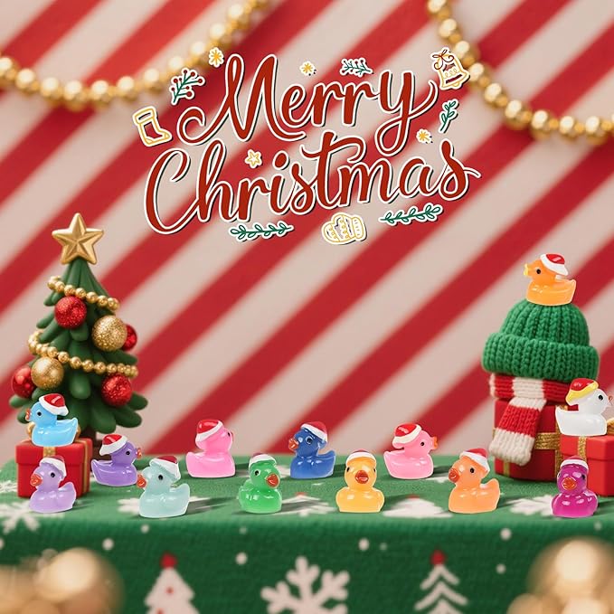 160 PCS Mini Resin Ducks Wearing Santa Hats, 16 Color Tiny Christmas Duck Figures for Dollhouse, Fairy Garden Ornaments, Xmas Goodie Bag Fillers Party Favors Supplies, Classroom Prizes