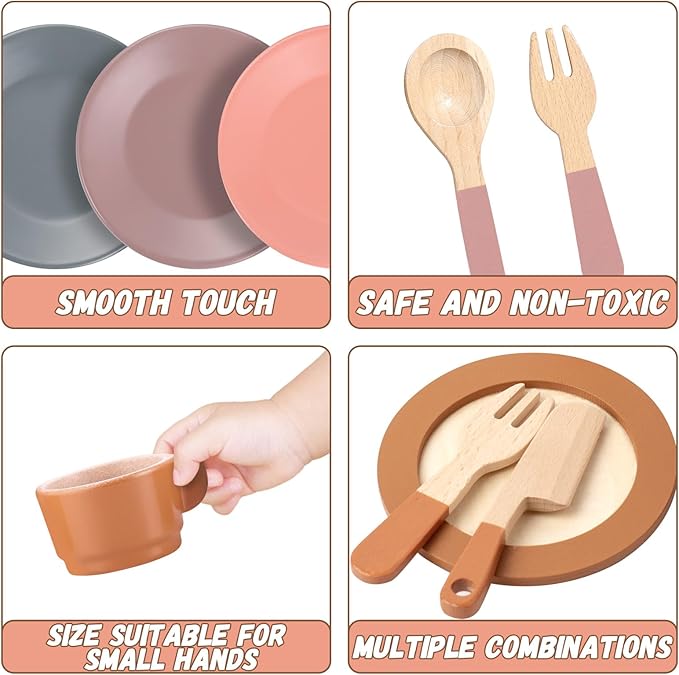 GAGAKU Wooden Dishes Kids Play Dish Set - Wood Plates Set for Toddler Montessori Wooden Kitchen Toys