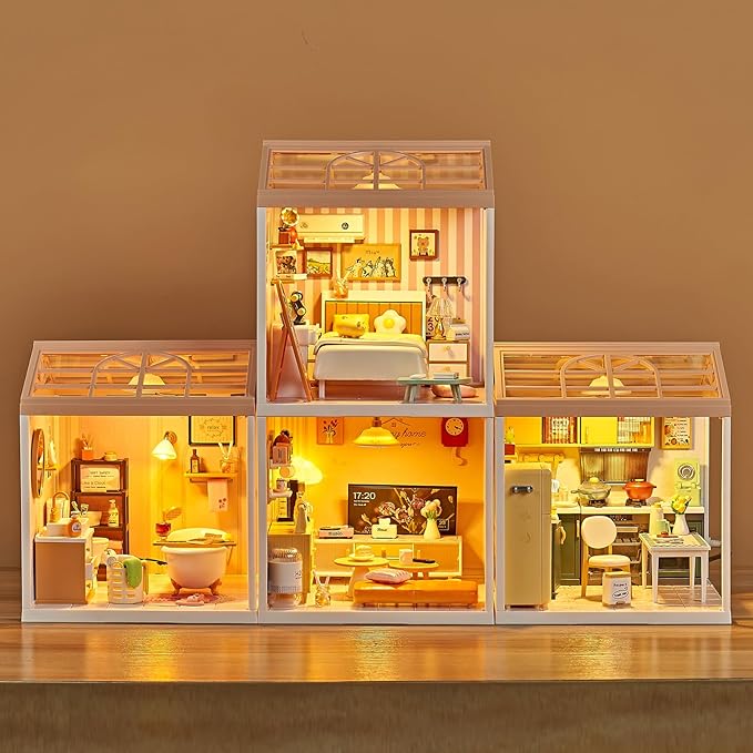 DIY Miniature Bathroom Play Kit with 101Pcs, 1:20 Scale Dollhouse Washroom Furniture with LED Light, Realistic Accessories & Connectable Base Room, Tiny House Toy for Adults & Kids 8+