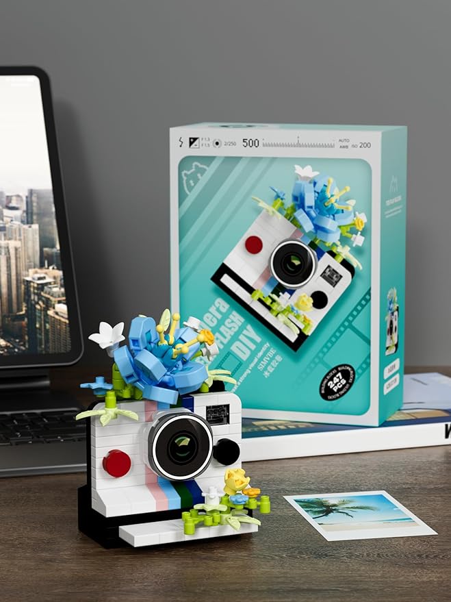 Ice Blue Film Cute Flower Camera Series Mini Building Toy Bricks Micro Blocks Kit Miniature Toys Ideal for Home Decor Desktop