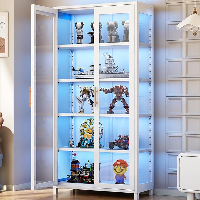 Display Cabinet with Glass Doors, 5-Tier Curio Cabinet with 4 Adjustable Shelves for Collectibles Toy Organizers Rack & Display Shelf, Kids Bookcase for Bedroom, Reading Nook, Living Room (White)