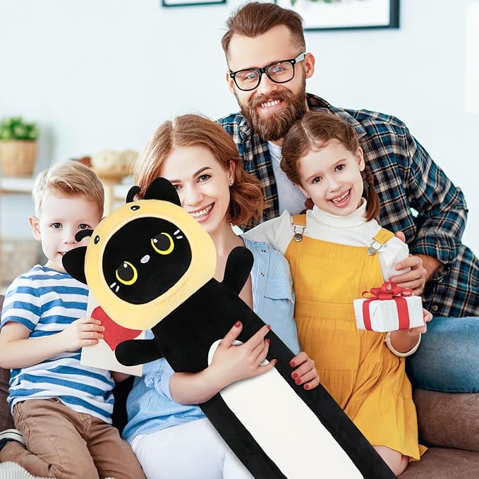 22 inch Bee Black Cat Long Plush Body Pillow Toy, Kitten Plushies with Stuffy Honeybee Oufit Big Stuffed Animals Gfit for Kids Boys Girls, Birthday, Halloween, Christmas