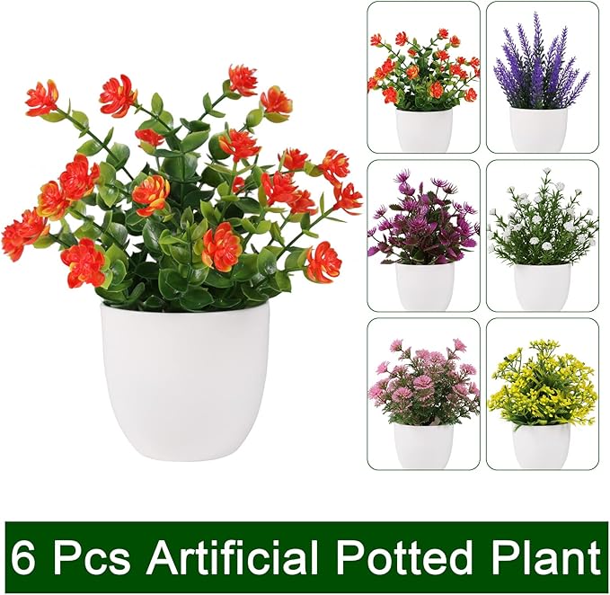 Yoratee Artificial Small Plant 6pcs Fake Flower Potted Plant Bathroom Faux Plant for Indoor Decor Window Tabletop Office Colorful Flower