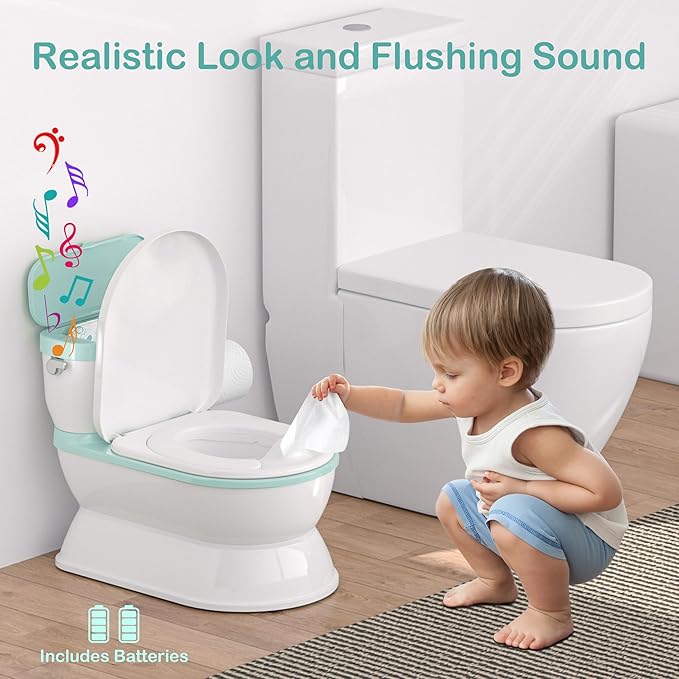 CheerTry 2-in-1 Toddler Potty Training Toilet - Larger Potty Chair & Detachable Training Seat for Boys & Girls Ages 1-3 with Flushing Sound, Wipes Storage, Toilet Paper Holder - Cyan