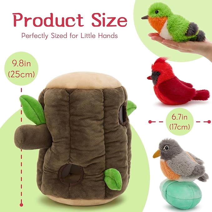 5Pcs Bulk Bird Stuffed Animal Set, Tree House Plush with 3 Small Bird Plushies(Robin, Hummingbird, Northern Cardinal) & 1 Egg, Magnetic Stuffed Tree Toys for Kids,Birders