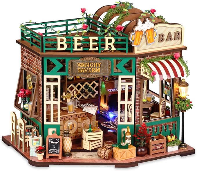 TuKIIE DIY Miniature House Kit with Furniture, 1:24 Scale Creative Room Mini Wooden Christmas Dollhouse Book Nook for Kids Teens Adults(Beer Bar)